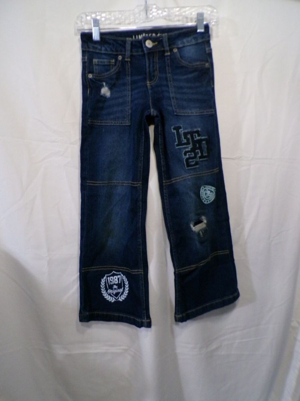 Limited Too Girls Jeans Size 7 Dark Wash Embroidered Patches Distressed